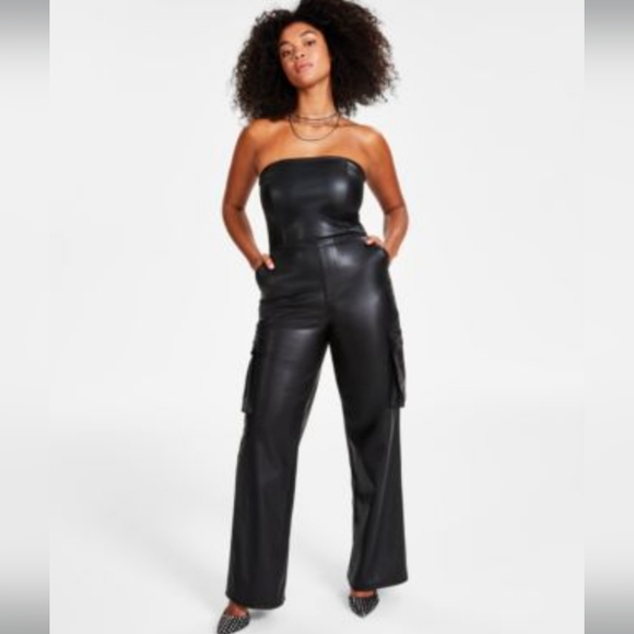 Black Faux Leather Strapless Cargo Jumpsuit size M - Picture 16 of 16